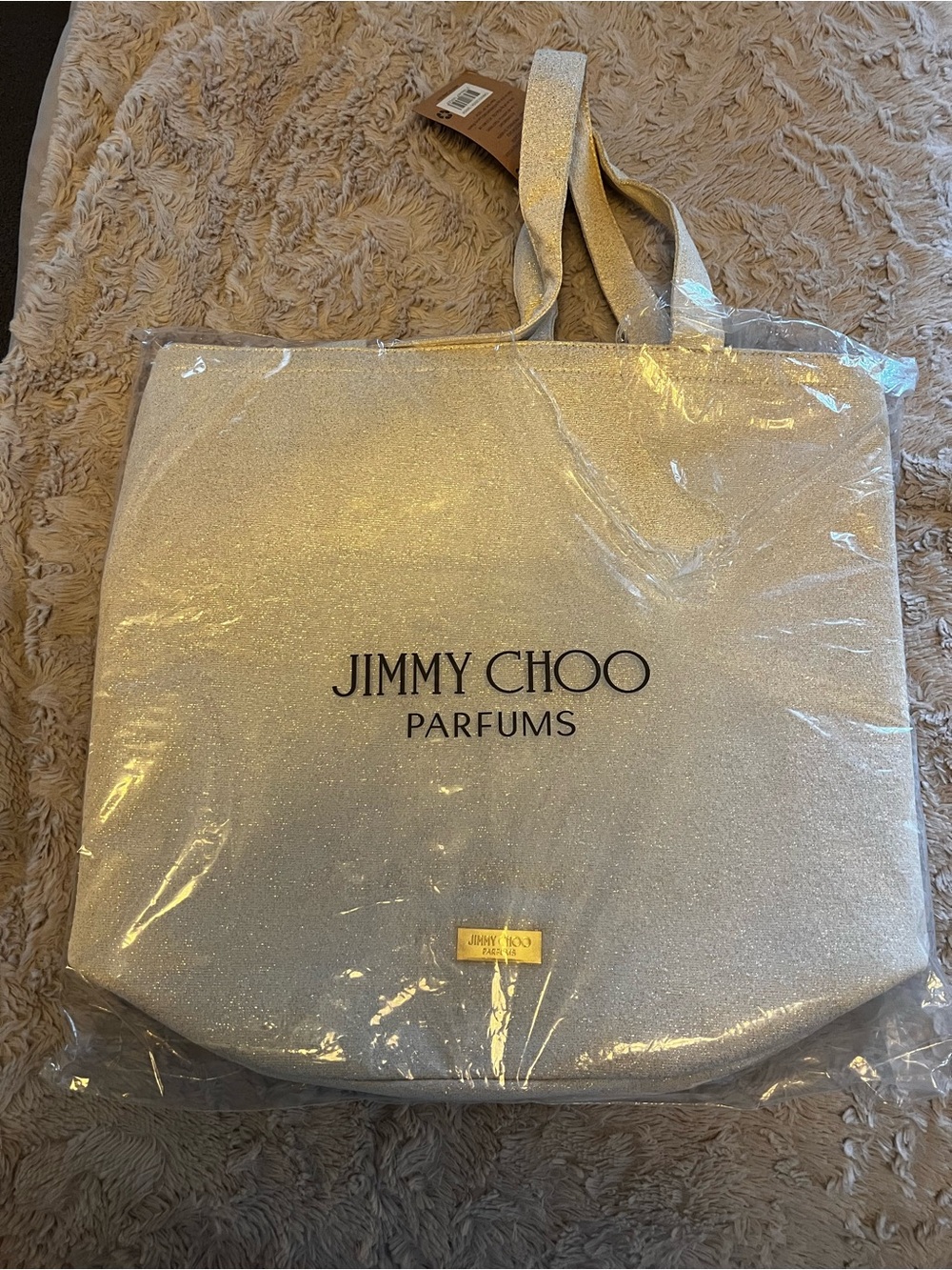 Jimmy Choo Glitter Parfums Tote Bag in Champagne Gold